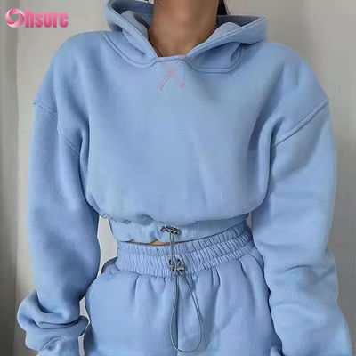 OEM High Quality Fleece Cotton Sweatpants and Hoodies Set Outdoor Cropped Hoodie Top Two Piece Set Women Clothing