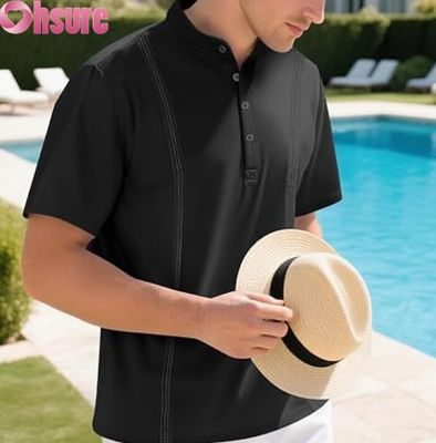 Men's Casual Henley T-Shirts Classic Button Solid Color Summer Tees