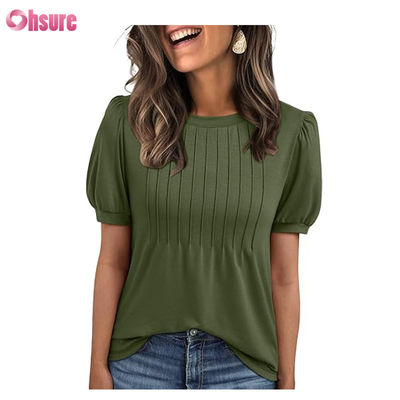 Women Tops Short Sleeve T-Shirts Blouses Dressy Casual Business Pleated Summer Fashion 2025 Basic Comfy Clothes