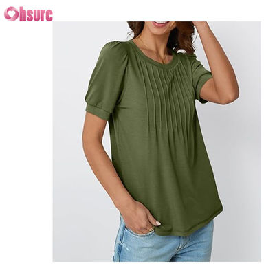 Women Tops Short Sleeve T-Shirts Blouses Dressy Casual Business Pleated Summer Fashion 2025 Basic Comfy Clothes