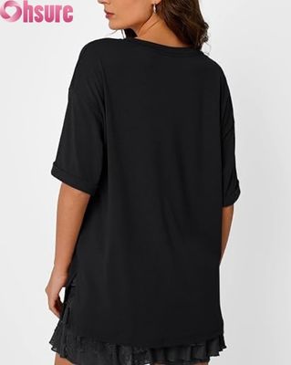 Womens Oversized Casual T-Shirt, Loose Fit Short Sleeve Tunic Top with Side Slit and Ruffle Hem