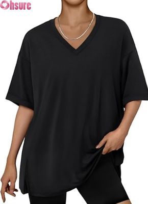 Womens Oversized Casual T-Shirt, Loose Fit Short Sleeve Tunic Top with Side Slit and Ruffle Hem