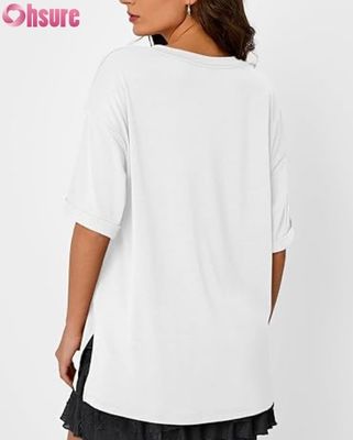 Womens Oversized Casual T-Shirt, Loose Fit Short Sleeve Tunic Top with Side Slit and Ruffle Hem