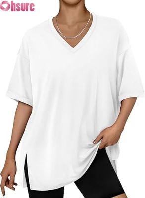 Womens Oversized Casual T-Shirt, Loose Fit Short Sleeve Tunic Top with Side Slit and Ruffle Hem