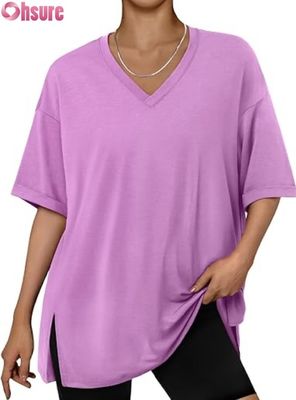 Womens Oversized Casual T-Shirt, Loose Fit Short Sleeve Tunic Top with Side Slit and Ruffle Hem