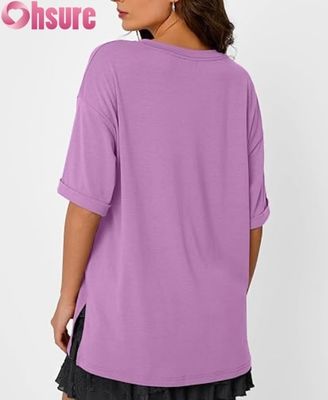 Womens Oversized Casual T-Shirt, Loose Fit Short Sleeve Tunic Top with Side Slit and Ruffle Hem