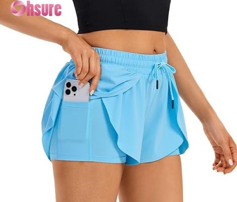 Women's Flowy Skirted Athletic Gym Fitness Shorts 2-in-1 Wrap Running Shorts with Pocket High Waist Sportswear for Yoga Workout