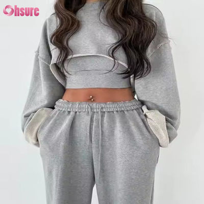 Customization Fashion Sport French Terry Sweatsuits Women's 3 Piece Jogger Set Sweatpants and Cut Hem Crop Top Set