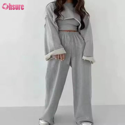 Customization Fashion Sport French Terry Sweatsuits Women's 3 Piece Jogger Set Sweatpants and Cut Hem Crop Top Set