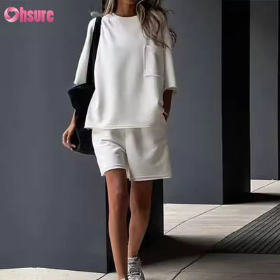 Casual Summer Suit for Women Solid Color Round Neck Short Sleeve Elastic Exercise Shorts Custom Sportswear Woman