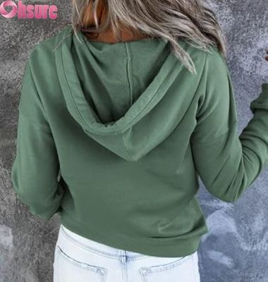 Women's Casual Loose Fit Long Sleeve Pullover Button-Up Hooded Sweatshirt Front Logo Knitted for Fall Winter Featuring Pockets