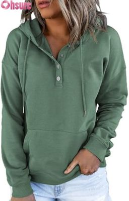 Women's Casual Loose Fit Long Sleeve Pullover Button-Up Hooded Sweatshirt Front Logo Knitted for Fall Winter Featuring Pockets