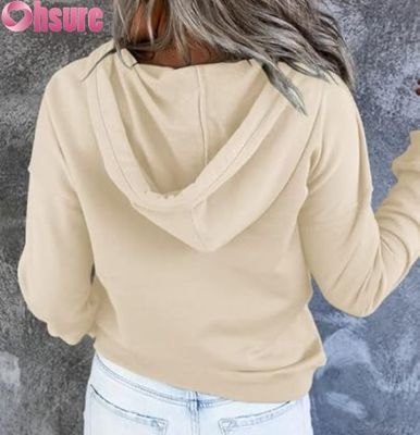 Women's Casual Loose Fit Long Sleeve Pullover Button-Up Hooded Sweatshirt Front Logo Knitted for Fall Winter Featuring Pockets