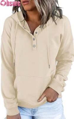 Women's Casual Loose Fit Long Sleeve Pullover Button-Up Hooded Sweatshirt Front Logo Knitted for Fall Winter Featuring Pockets