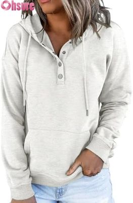 Women's Casual Loose Fit Long Sleeve Pullover Button-Up Hooded Sweatshirt Front Logo Knitted for Fall Winter Featuring Pockets