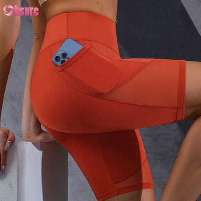 Customized Logo Print Tight Hot Sale Pocket Mesh Stitching High Waist Buttocks Lifting Slimming Yoga Shorts Leggings Wholesale