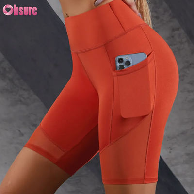 Customized Logo Print Tight Hot Sale Pocket Mesh Stitching High Waist Buttocks Lifting Slimming Yoga Shorts Leggings Wholesale