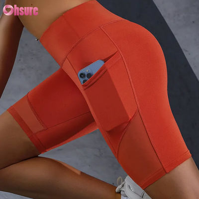 Customized Logo Print Tight Hot Sale Pocket Mesh Stitching High Waist Buttocks Lifting Slimming Yoga Shorts Leggings Wholesale