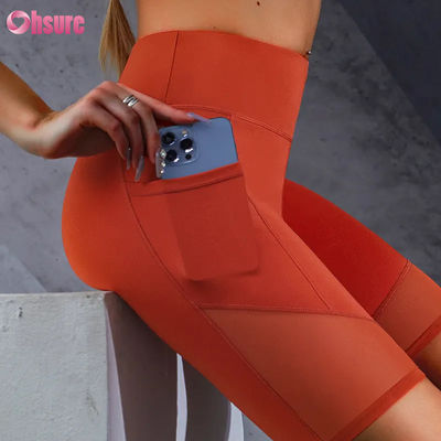 Customized Logo Print Tight Hot Sale Pocket Mesh Stitching High Waist Buttocks Lifting Slimming Yoga Shorts Leggings Wholesale