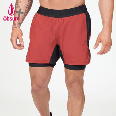 OEM Custom Logo Solid Color Men Summer Breathable Drawstring Waist 2 in 1 Sports Shorts