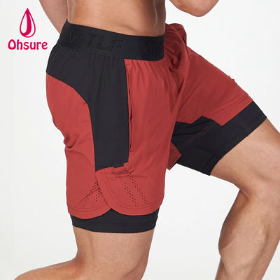 OEM Custom Logo Solid Color Men Summer Breathable Drawstring Waist 2 in 1 Sports Shorts