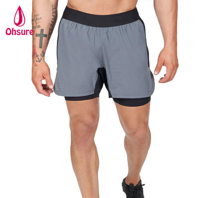 OEM Custom Logo Solid Color Men Summer Breathable Drawstring Waist 2 in 1 Sports Shorts