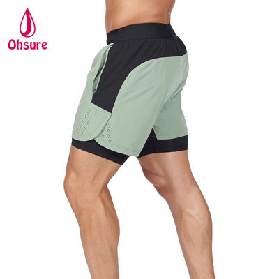 OEM Custom Logo Solid Color Men Summer Breathable Drawstring Waist 2 in 1 Sports Shorts