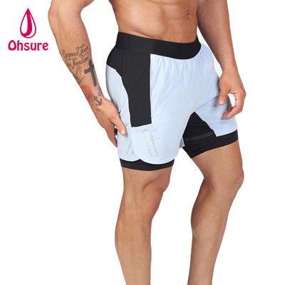 OEM Custom Logo Solid Color Men Summer Breathable Drawstring Waist 2 in 1 Sports Shorts
