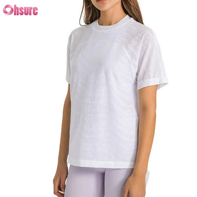 Wholesale Custom Logo Quick Dry Breathable Jacquard Sport T-shirts Fitness Short Sleeve Yoga Top Women Short Length Gym T Shirts