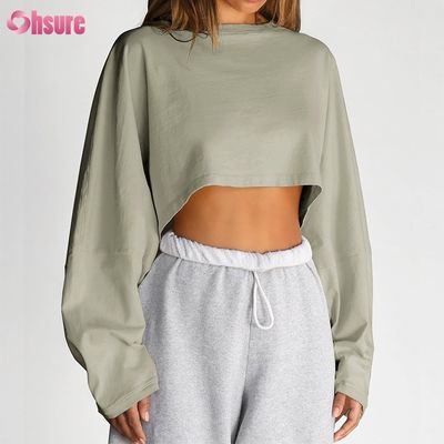 Custom Double Side O Neck Blank Plain Oversize Cropped Top Solid Casual Athletic Spandex Women Long Slevve T-shirt