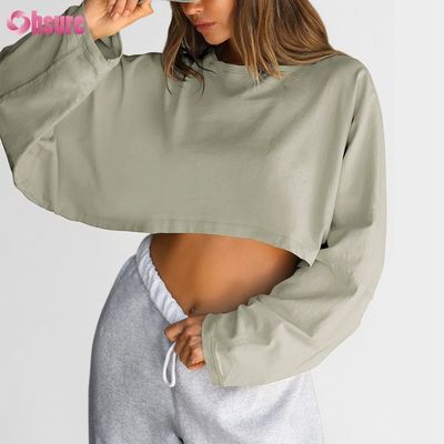 Custom Double Side O Neck Blank Plain Oversize Cropped Top Solid Casual Athletic Spandex Women Long Slevve T-shirt