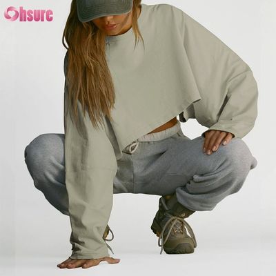 Custom Double Side O Neck Blank Plain Oversize Cropped Top Solid Casual Athletic Spandex Women Long Slevve T-shirt