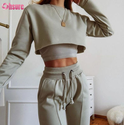 Solid Color Organic Cotton Fabric 3 Piece Crop Top Jogger Set 2025 Causal Two Piece Loungewear Sets for Women Lounge Wear Sets