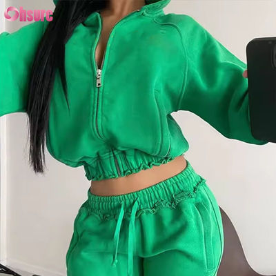 High Quality Cotton Cropped Zip Hoodie for Women Custom Logo Embroidered French Terry Oversized Zipper Winter Hooded Coat