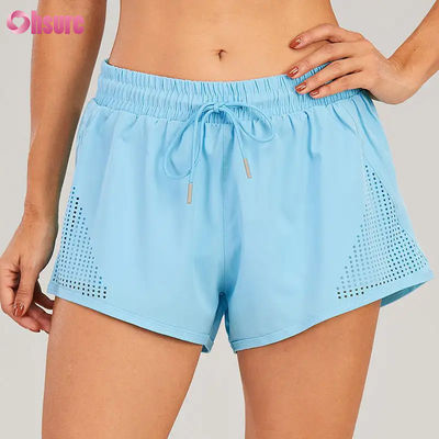 Wholesale Women's Sports Workout Shorts Breathable Laser Cut Jogging Shorts with Warm-up Zipper Side Pocket Solid Pattern