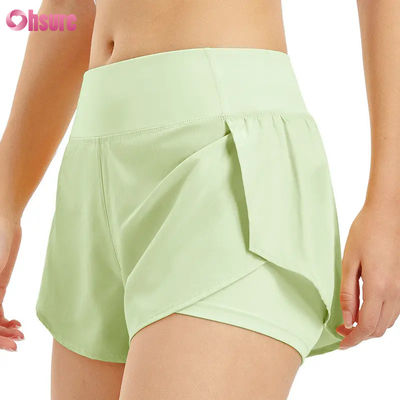 Hot Selling Women's High Waist Running Shorts Quick Dry Double Layer Athletic Workout Pants Pockets Breathable Fitness Yoga Wear