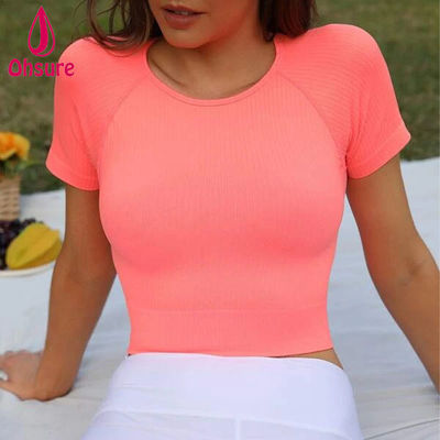 Top Selling 90% Nylon, 10% Elastane Absorbs Sweat Solid Rib Knit Sports Tee Women Fitness Gym Training T-shirt