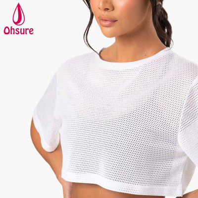 Custom Logo T Shirt Casual Spandex Mesh Fabric Crew Neck  Women Clothing Ladies Gym Warm-up Women's Shirts