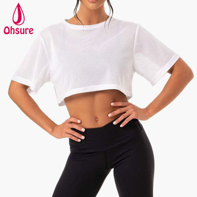 Custom Logo T Shirt Casual Spandex Mesh Fabric Crew Neck  Women Clothing Ladies Gym Warm-up Women's Shirts