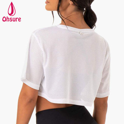 Custom Logo T Shirt Casual Spandex Mesh Fabric Crew Neck  Women Clothing Ladies Gym Warm-up Women's Shirts
