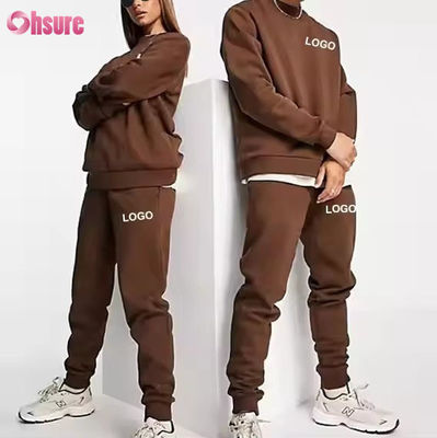 Custom Men Hoodies and Jogger Sets Solid logo Brown Sweatsuit Unisex Loose Cotton Ribbed Unisex Tracksuit