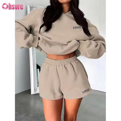 F240140 Custom Short Sets Two Piece Set Women Long Sleeve Plain Hoodie Sweatsuit and Gym Shorts Set Spring Clothes for Women