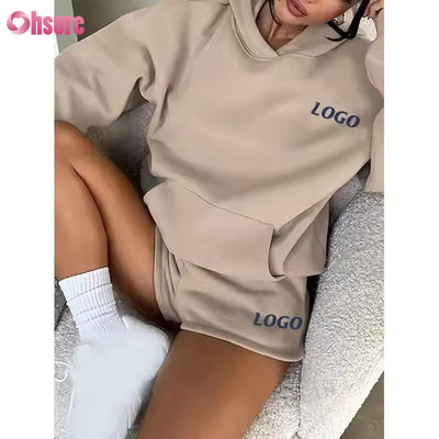 F240140 Custom Short Sets Two Piece Set Women Long Sleeve Plain Hoodie Sweatsuit and Gym Shorts Set Spring Clothes for Women