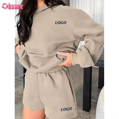 F240140 Custom Short Sets Two Piece Set Women Long Sleeve Plain Hoodie Sweatsuit and Gym Shorts Set Spring Clothes for Women