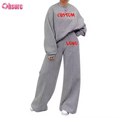 Custom Plus Size Casual Wear Fashion 2 Piece Set Jogger Sweatshirt Wide Leg Flared Sweatpants Tracksuit for Women