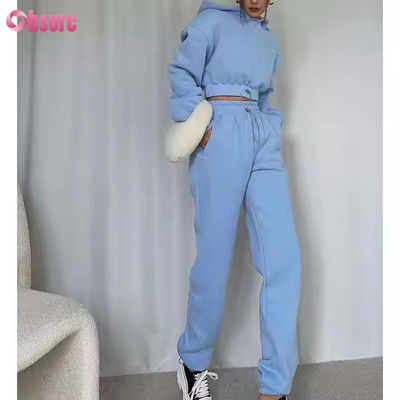 OEM High Quality Fleece Cotton Sweatpants and Hoodies Set Outdoor Cropped Hoodie Top Two Piece Set Women Clothing