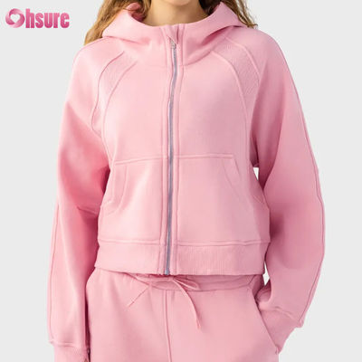 Custom Logo Women's Vintage Full Zip Fleece Workout Jacket for Winter Running Yoga Gym Hoodie Thumb Holes Lining Knitted Fabric