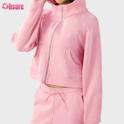 Custom Logo Women's Vintage Full Zip Fleece Workout Jacket for Winter Running Yoga Gym Hoodie Thumb Holes Lining Knitted Fabric