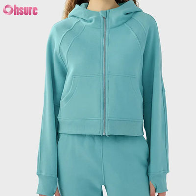 Custom Logo Women's Vintage Full Zip Fleece Workout Jacket for Winter Running Yoga Gym Hoodie Thumb Holes Lining Knitted Fabric