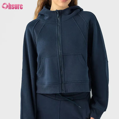 Custom Logo Women's Vintage Full Zip Fleece Workout Jacket for Winter Running Yoga Gym Hoodie Thumb Holes Lining Knitted Fabric